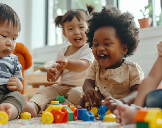 Un groupe d'enfants souriant en train de jouer avec des jeux d'éveil à la crèche Pierre Jacoby